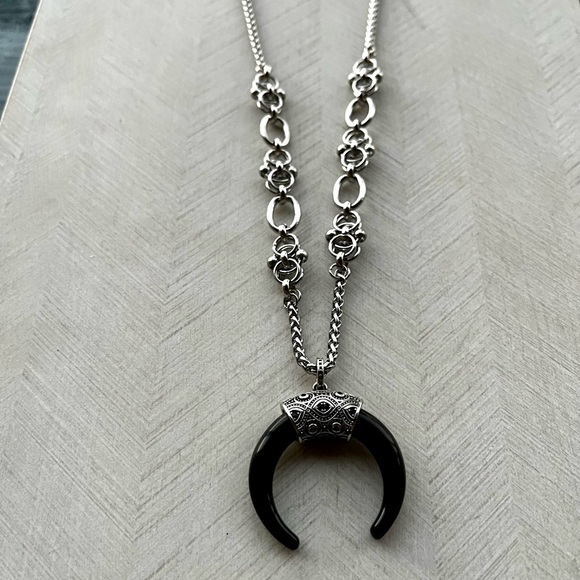 Sterling silver moon & handcrafted stainless steel links long chain necklace - Picture 11 of 16